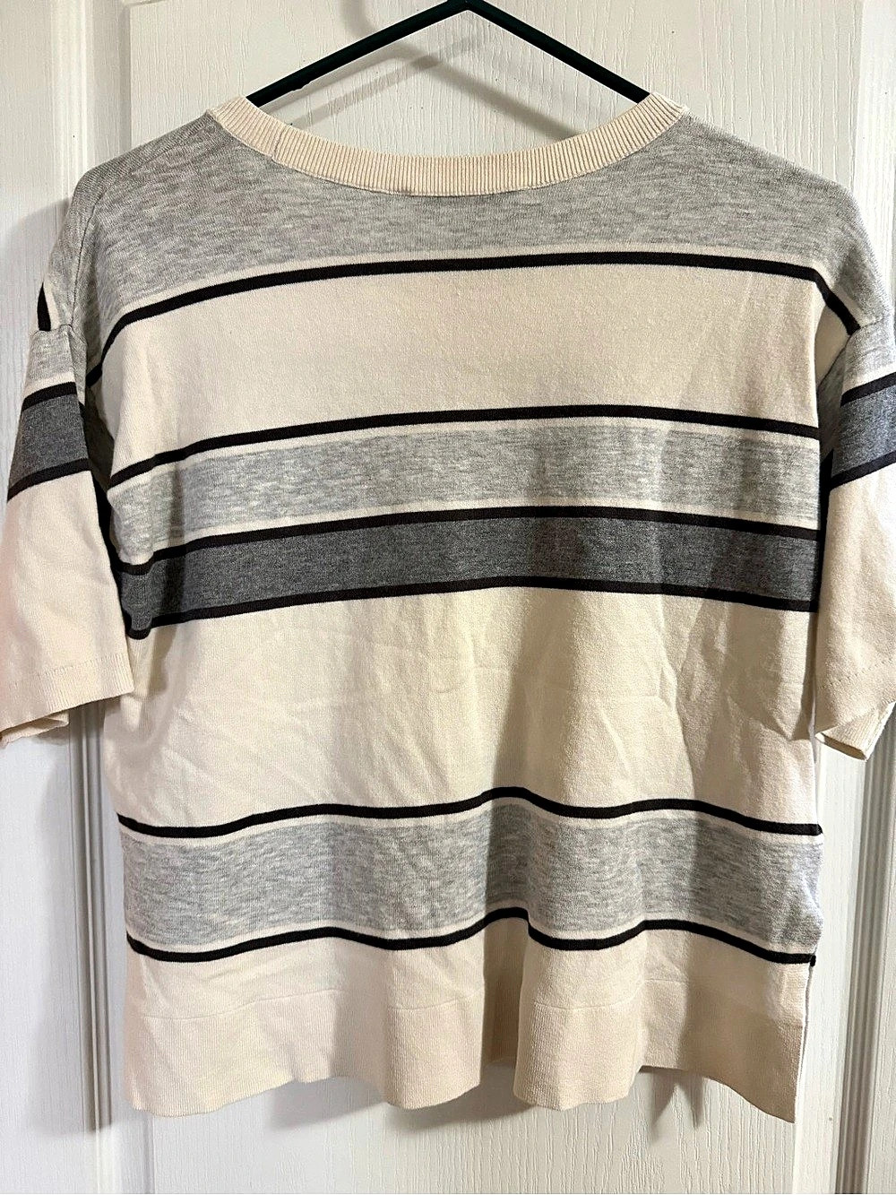 LOFT Striped Short Sleeve Top in Cream & Gray Size Small